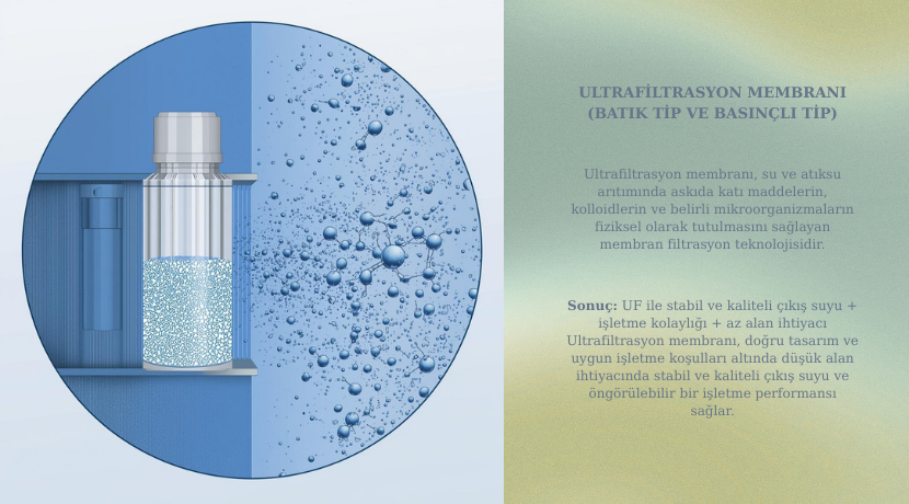 Ultrafiltrasyon membranı (UF) nedir? Batık ve basınçlı UF sistemleri, 40 nm gözenek yapısı, kullanım alanları ve RO ön arıtma avantajları.